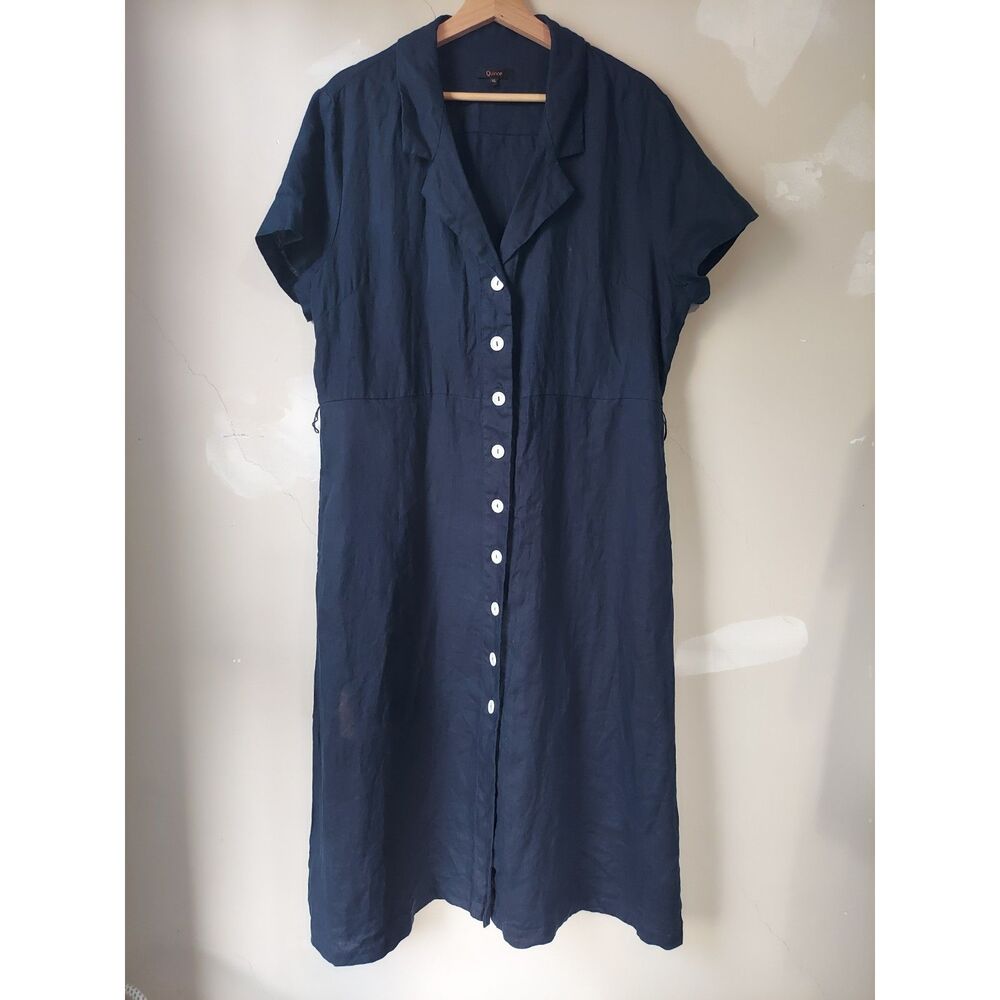 Quince Navy Linen Midi Length Button Up Dress Pearlescent White Buttons Pockets